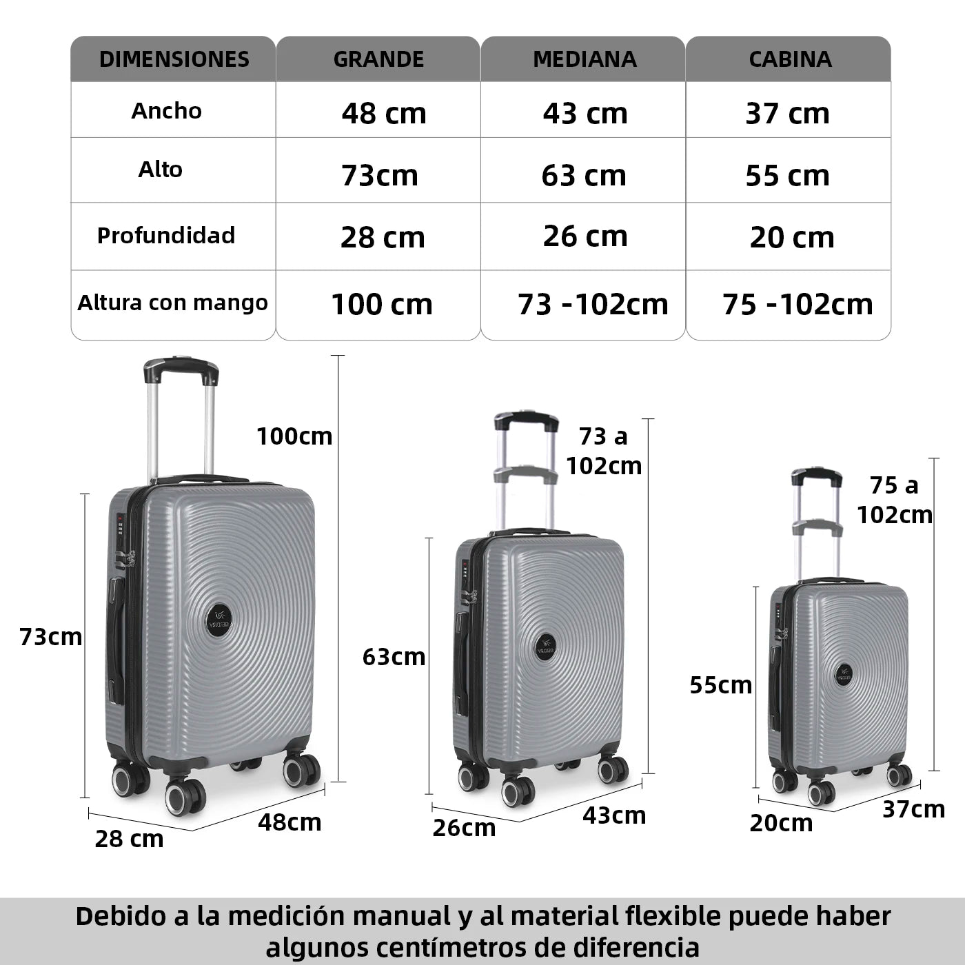 Cabin Travel Suitcase, Medium, Large 100% ABS, 4-wheel swivel 360 ° durable and durable with safety lock. Pay per unit