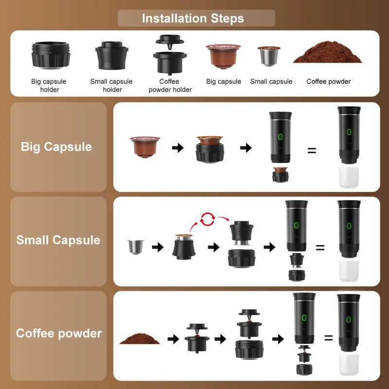 Wireless Electric Portable Espresso Coffee Machine for Car &amp; Home Camping Coffee Maker 3-in-1 Capsule Powder Travel Coffee Maker