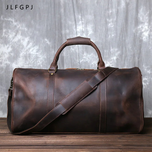 Vintage Leather Cross Style Men's Hand Luggage Crazy Horse Cowhide Large Capacity Single Shoulder Duffel Bag