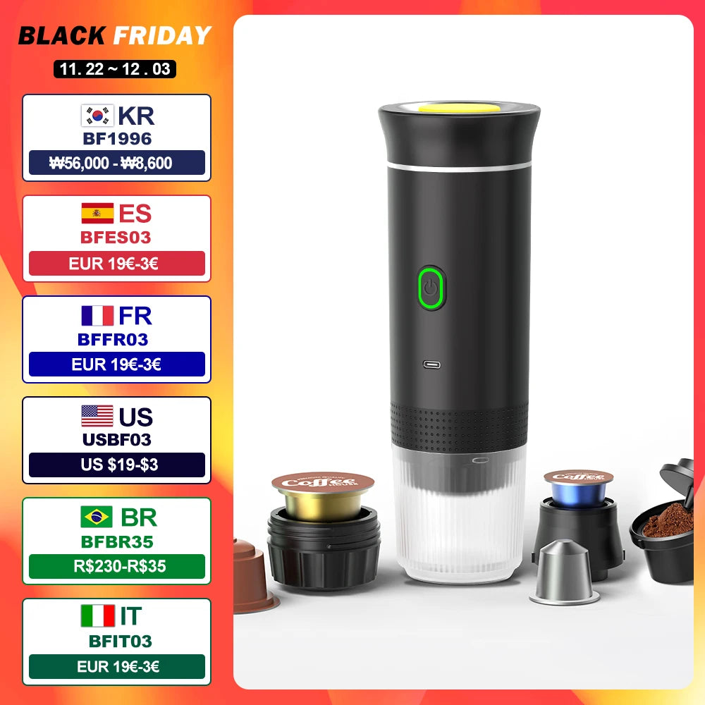 Wireless Electric Portable Espresso Coffee Machine for Car &amp; Home Camping Coffee Maker 3-in-1 Capsule Powder Travel Coffee Maker