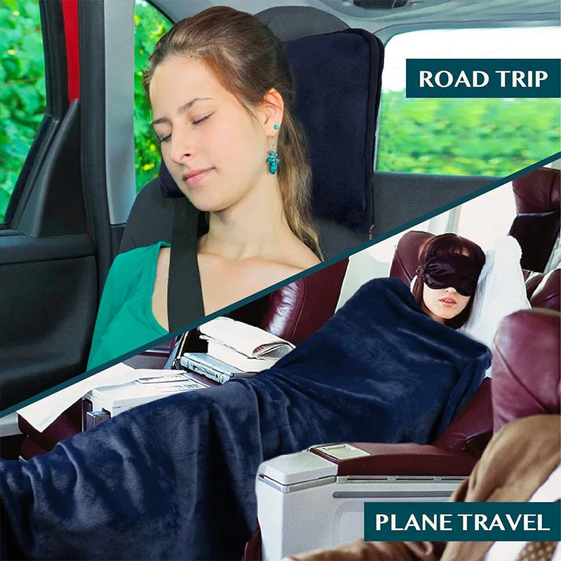 ZK20 Travel Blanket and Pillow Premium Soft Airplane Blanket with Soft Bag Pillowcase Hand Luggage Sleeve and Backpack Clip